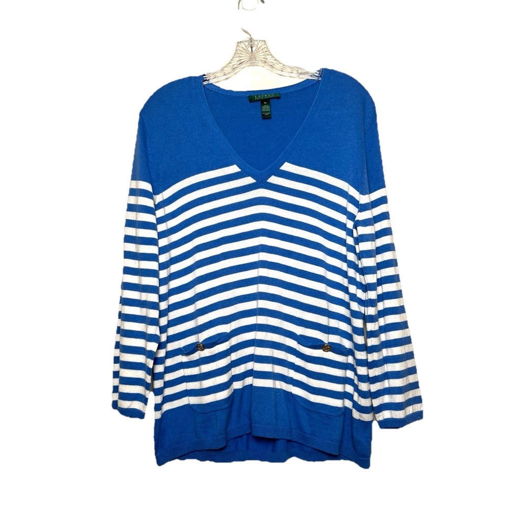 Ralph Lauren Lightweight V-neck Striped Cotton Sweater Women‎ XL Preppy Nautical